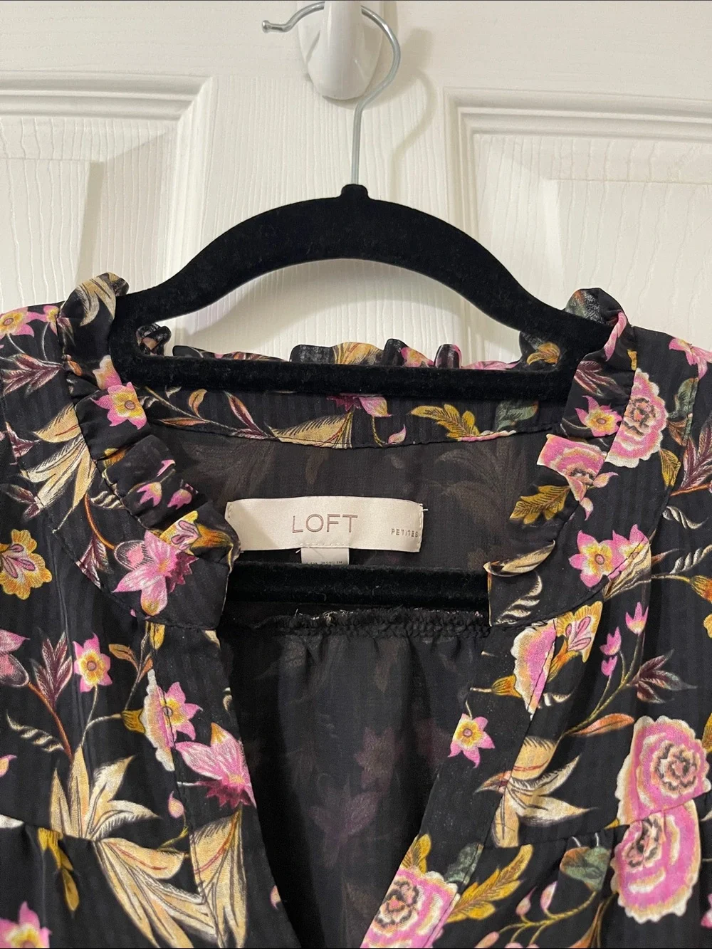 LOFT Black Blouse with Pink Rose Floral Print
